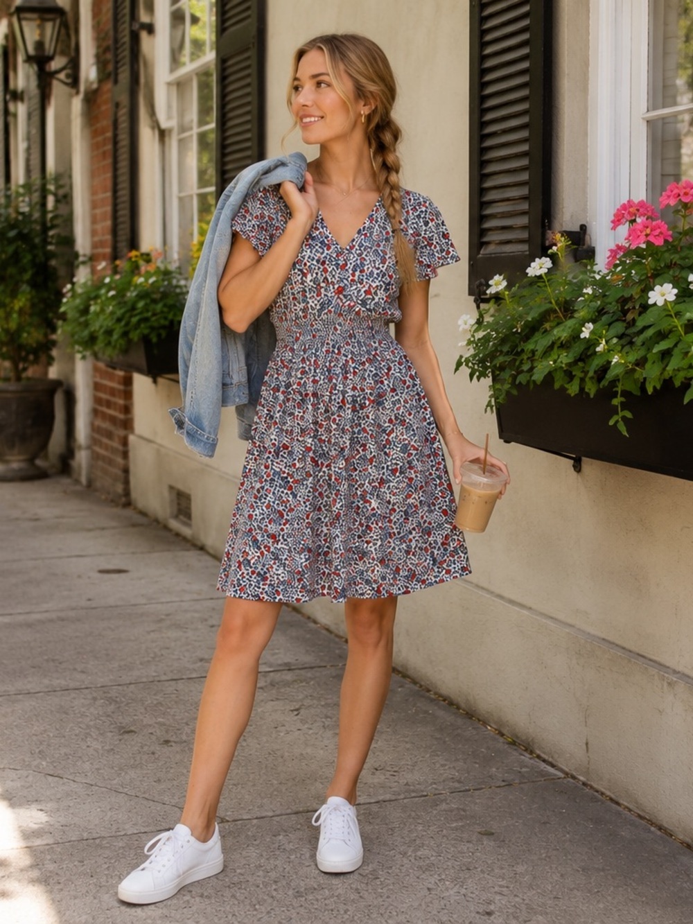 LOFT Petite Floral Flutter V-Neck Pocket Dress 8